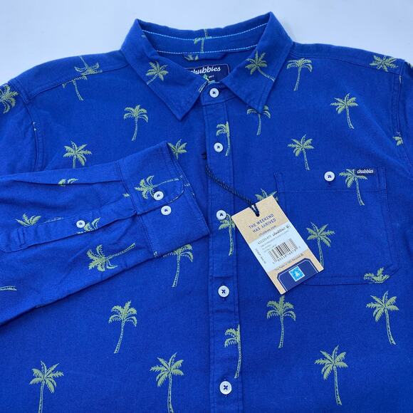 Chubbies Large Blue Palm Tree Pattern Long Sleeve Button Up Flannel Shirt NWT - Picture 1 of 7